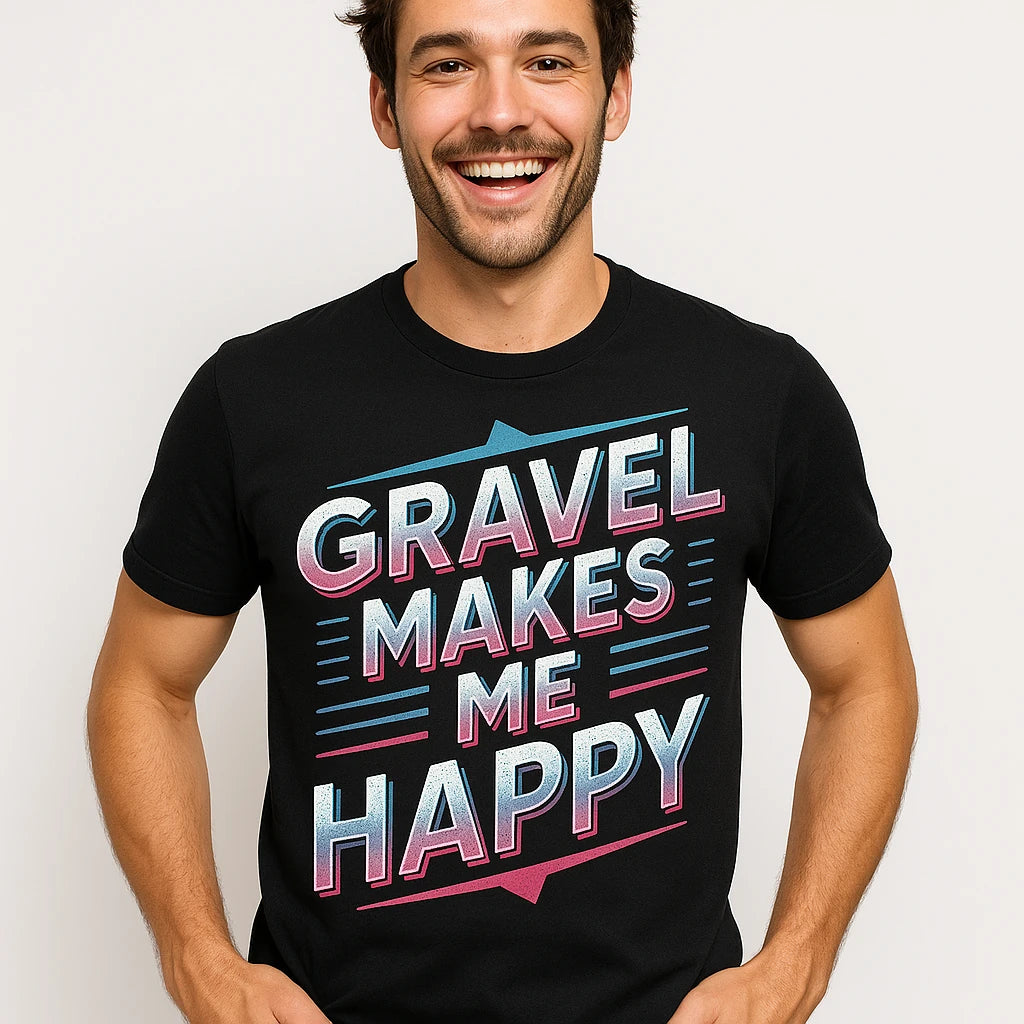 Close-up of the "Gravel Makes Me Happy" gray print on a premium Bella+Canvas black bike shirts