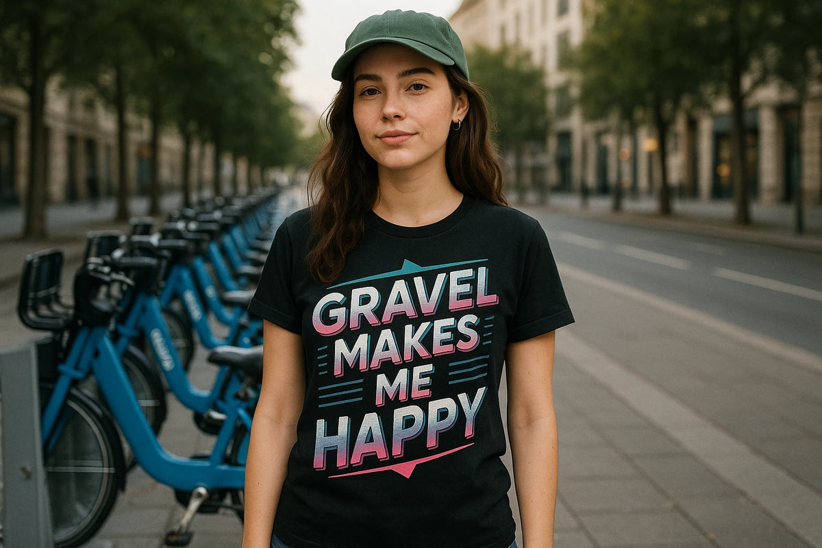 Lifestyle shot of the "Gravel Makes Me Happy" black bike shirts in a real-world setting