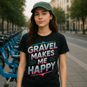 Lifestyle shot of the "Gravel Makes Me Happy" black bike shirts in a real-world setting