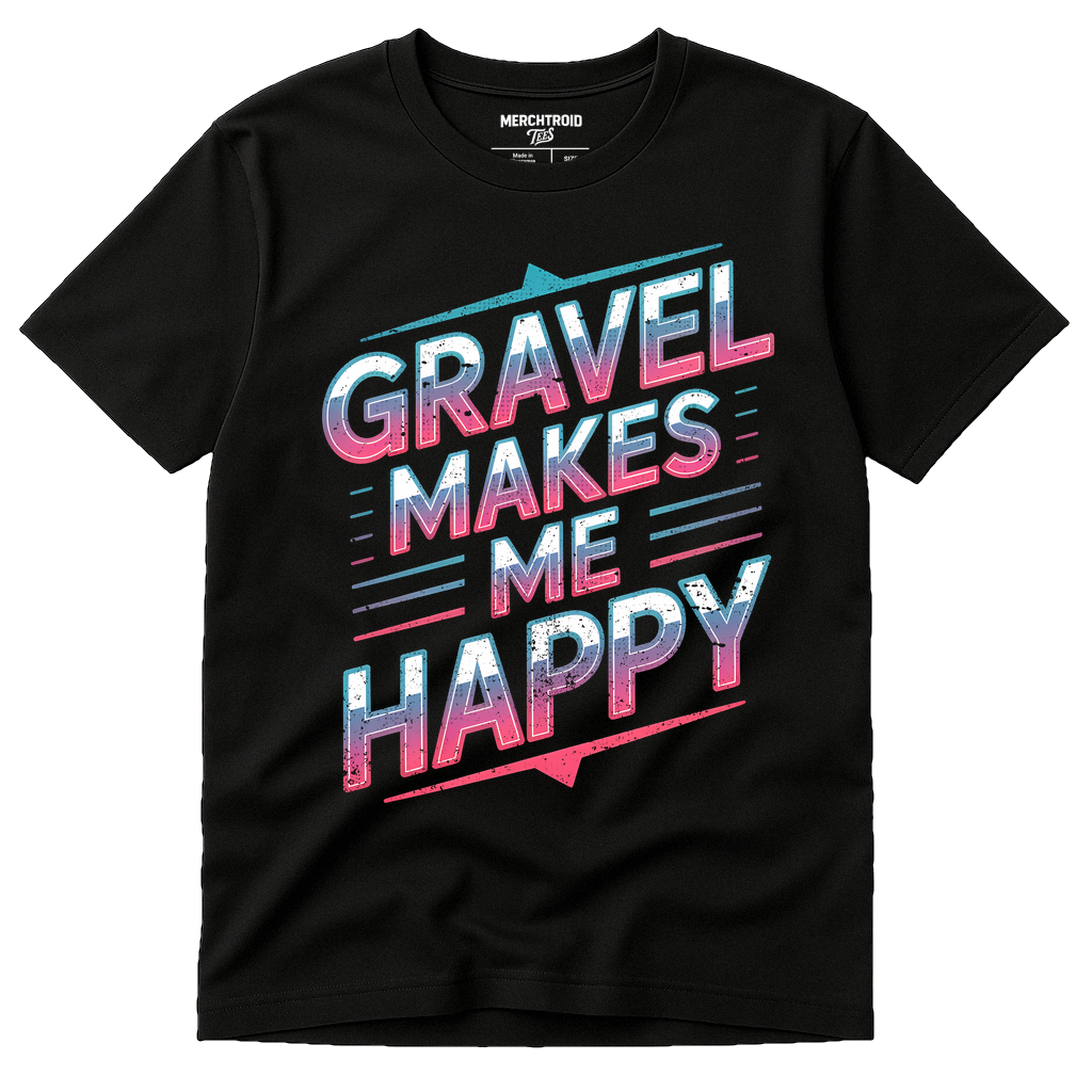 Black Bike Shirts - "Gravel Makes Me Happy" graphic tee with gray print, flat lay product photo