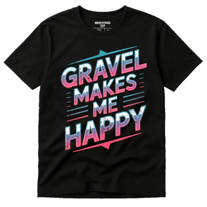Black Bike Shirts - "Gravel Makes Me Happy" graphic tee with gray print, flat lay product photo