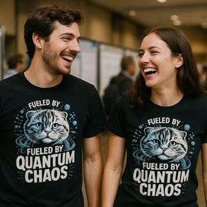 Person wearing the black quantum mechanics t shirt graphic tee - "Fueled By Quantum Chaos" design