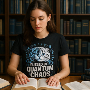 Lifestyle shot of the "Fueled By Quantum Chaos" black quantum mechanics t shirt in a real-world setting
