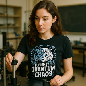 "Fueled By Quantum Chaos" black quantum mechanics t shirt, photographed as quantum mechanics lover gift