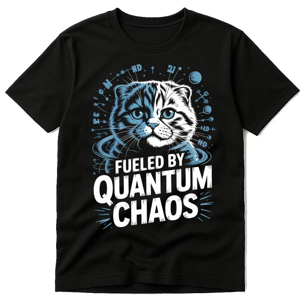 Black Quantum Mechanics T Shirt - "Fueled By Quantum Chaos" graphic tee with white print, flat lay product photo