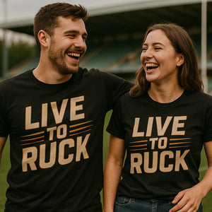 Person wearing the black rugby shirts graphic tee - "Live To Ruck" design
