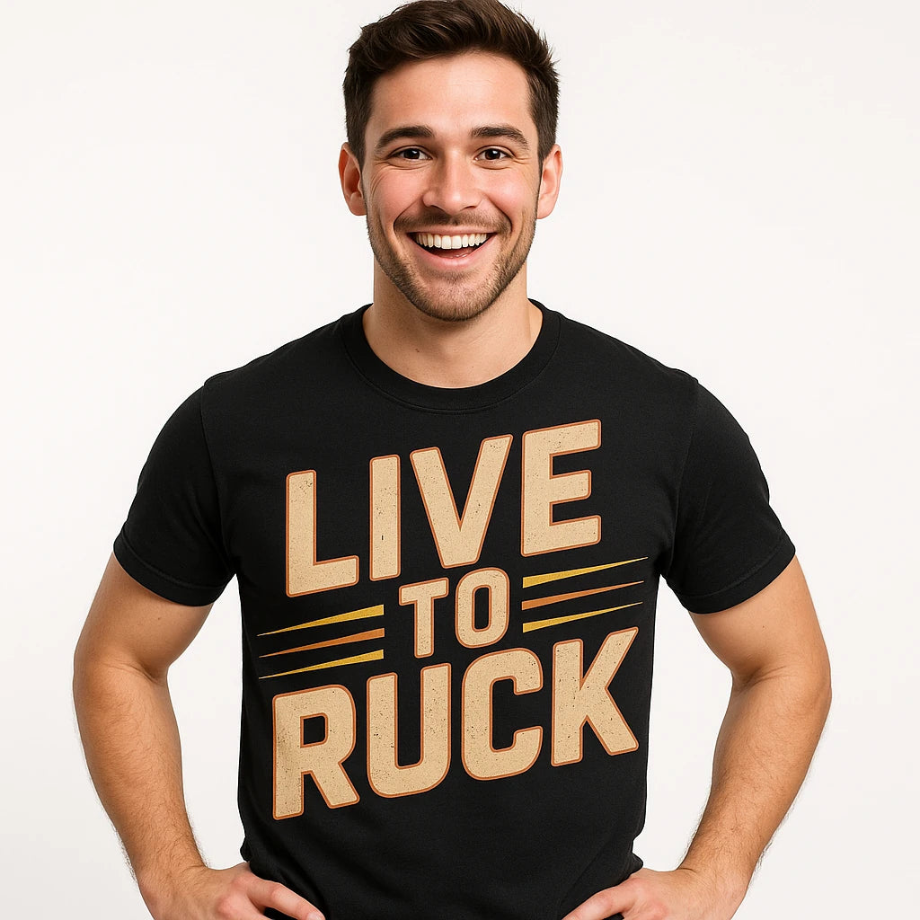 Close-up of the "Live To Ruck" beige print on a premium Bella+Canvas black rugby shirts