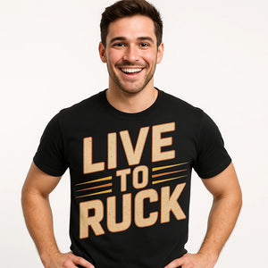 Close-up of the "Live To Ruck" beige print on a premium Bella+Canvas black rugby shirts