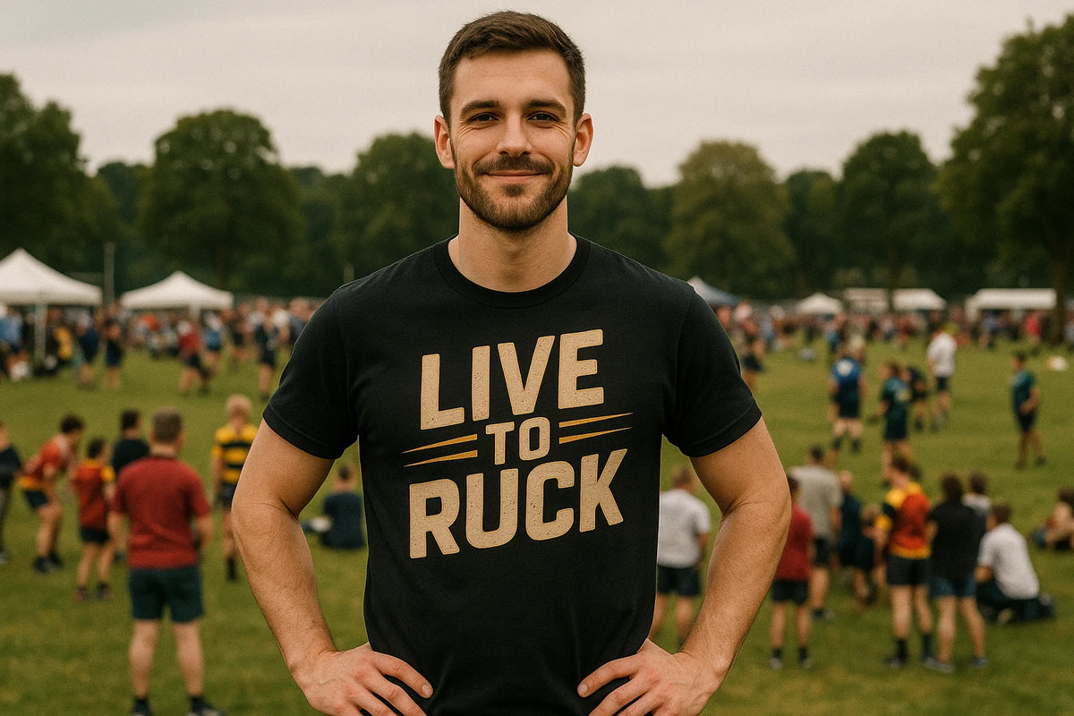 Lifestyle shot of the "Live To Ruck" black rugby shirts in a real-world setting