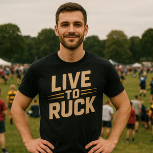 Lifestyle shot of the "Live To Ruck" black rugby shirts in a real-world setting