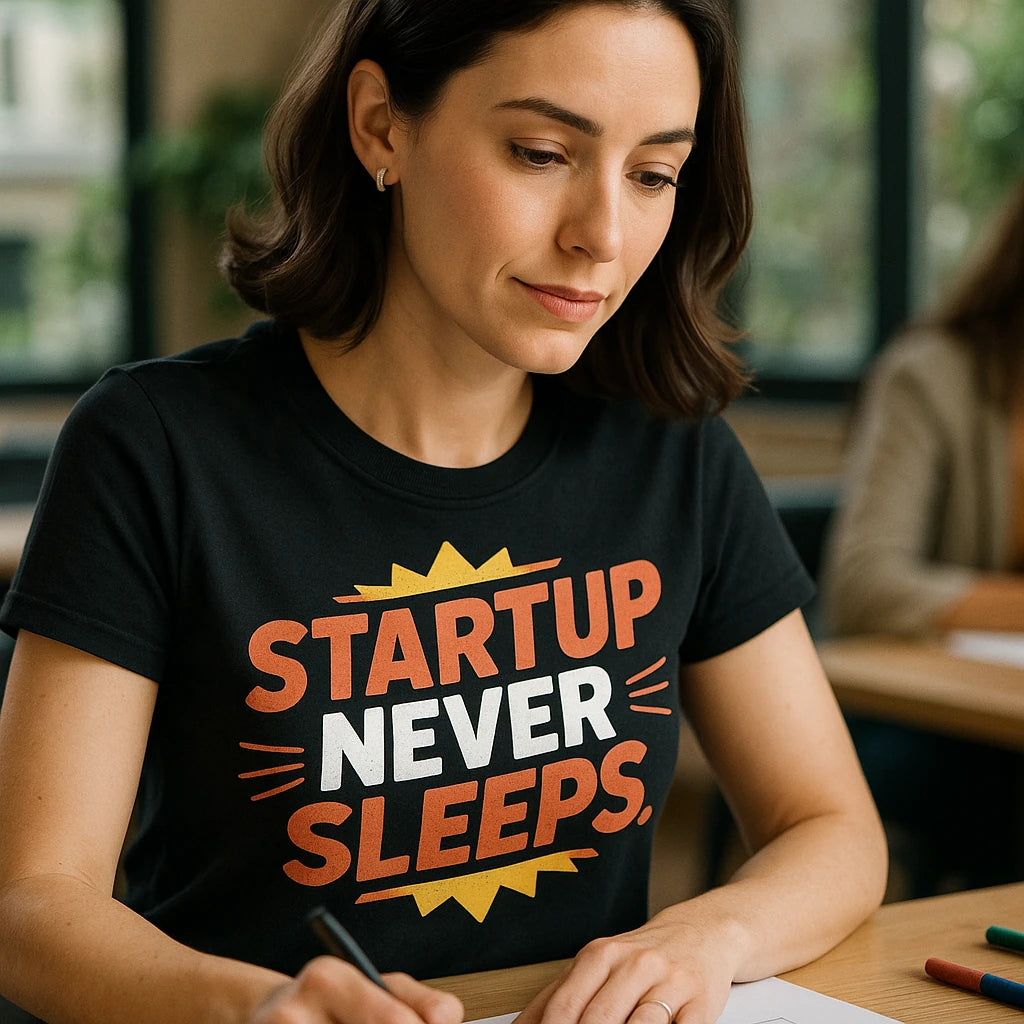 A person with shoulder-length hair is sitting at a desk, writing. They are wearing a black t-shirt with the slogan "STARTUP NEVER SLEEPS." The setting appears to be a classroom or a workshop with a blurred background.
