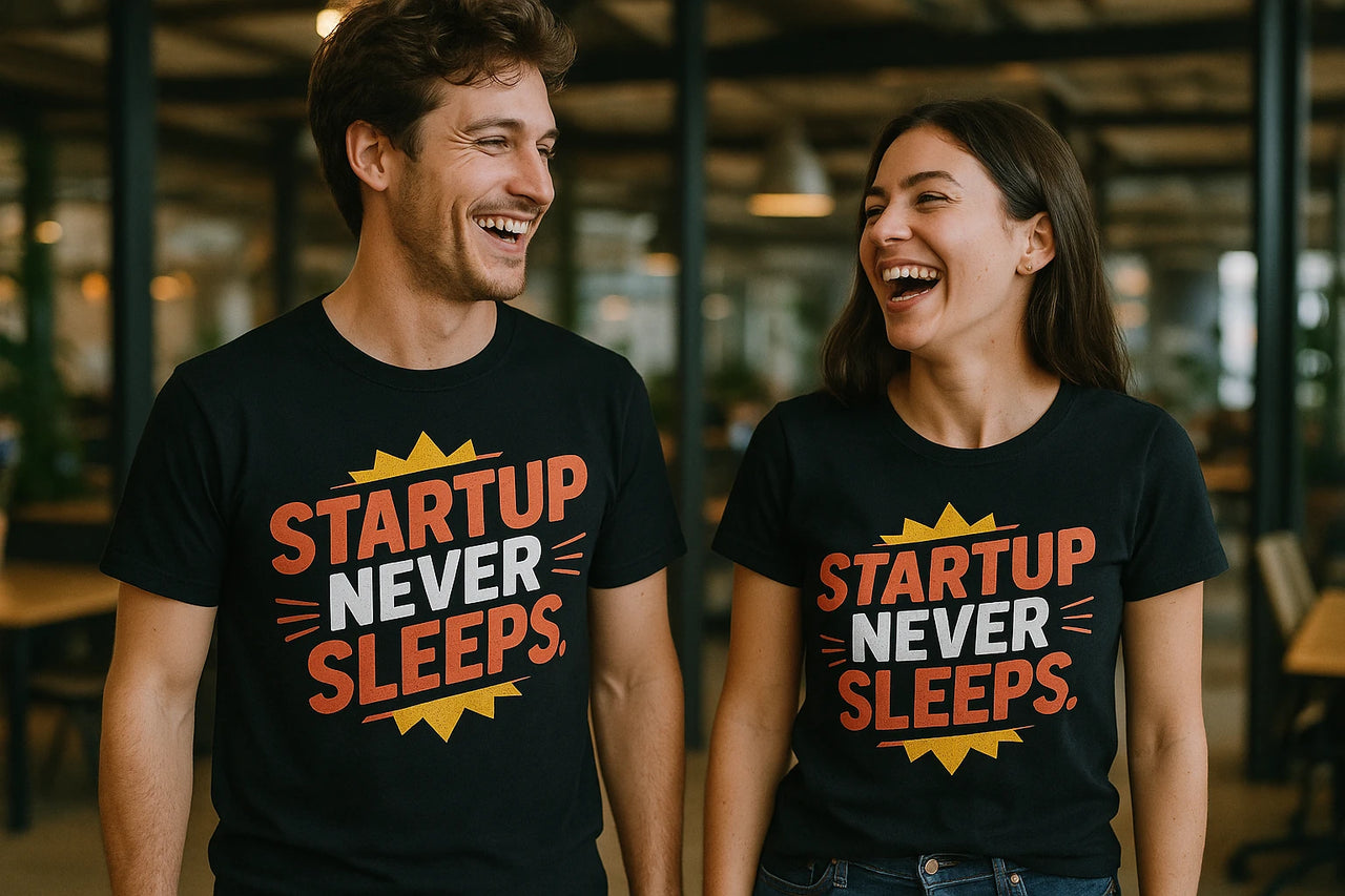 A man and a woman are standing side by side, both wearing black t-shirts with the text "STARTUP NEVER SLEEPS." They are laughing and looking at each other. The setting appears to be a casual office or co-working space with blurred tables and chairs in the background.