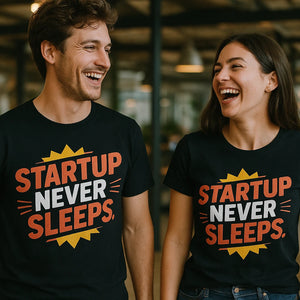 Person wearing the black entrepreneurs t shirt graphic tee - "Startup Never Sleeps" design