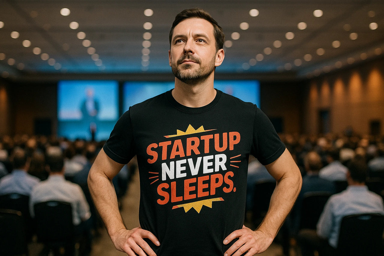 A man confidently stands with his hands on his hips, wearing a black t-shirt with the text "STARTUP NEVER SLEEPS." He is in a large conference hall filled with people seated and watching a presentation on a large screen at the front. The setting suggests a professional or tech-related event.