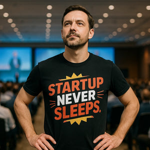 Lifestyle shot of the "Startup Never Sleeps" black entrepreneurs t shirt in a real-world setting