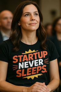 A woman with long brown hair and a thoughtful expression sits among others in what appears to be an indoor setting. She is wearing a black T-shirt with bold text that reads 