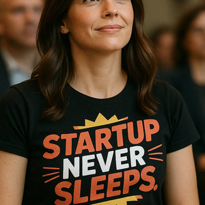 "Startup Never Sleeps" black entrepreneurs t shirt, photographed as entrepreneurs lover gift