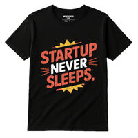 A black t-shirt with bold, colorful text printed on it. The words 
