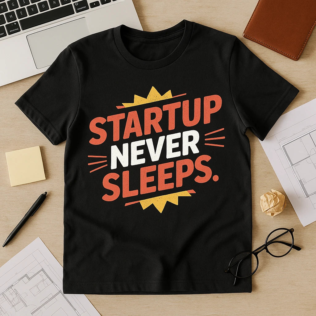 A black t-shirt with bold red and white text reading "STARTUP NEVER SLEEPS" is laid out on a desk. The desk also has a laptop, glasses, a pen, a sticky note, crumpled paper, and architectural drawings.