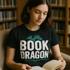 "Book Dragon" black reading t shirt - also a perfect gift for a reader