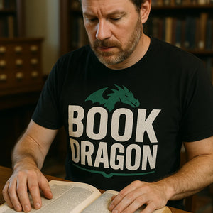"Book Dragon" black reading t shirt - also one of the presents for a reader