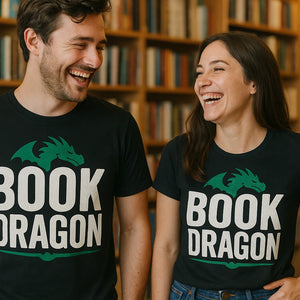Person wearing the black reading t shirt graphic tee - "Book Dragon" design