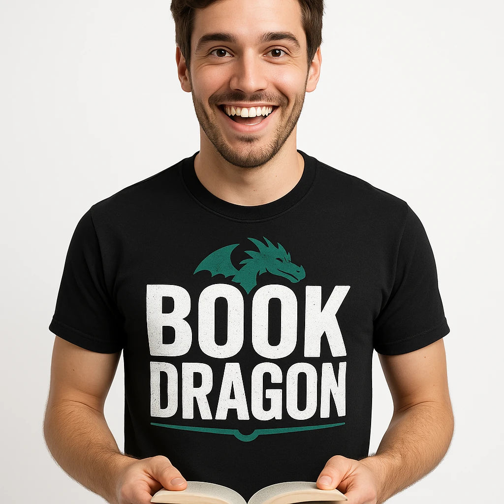 Close-up of the "Book Dragon" white print on a premium Bella+Canvas black reading t shirt