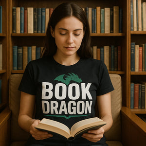 Lifestyle shot of the "Book Dragon" black reading t shirt in a real-world setting