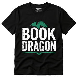 Black Reading T Shirt - "Book Dragon" graphic tee with white print, flat lay product photo