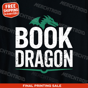 "Book Dragon" black reading t shirt - also one of the gifts for someone who loves reading