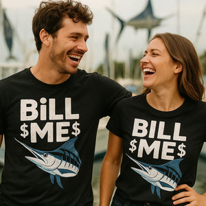 Person wearing the black marlin t shirt graphic tee - "Bill Me" design