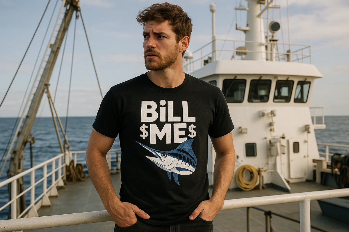Lifestyle shot of the "Bill Me" black marlin t shirt in a real-world setting