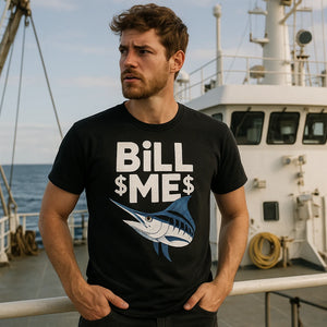 Lifestyle shot of the "Bill Me" black marlin t shirt in a real-world setting