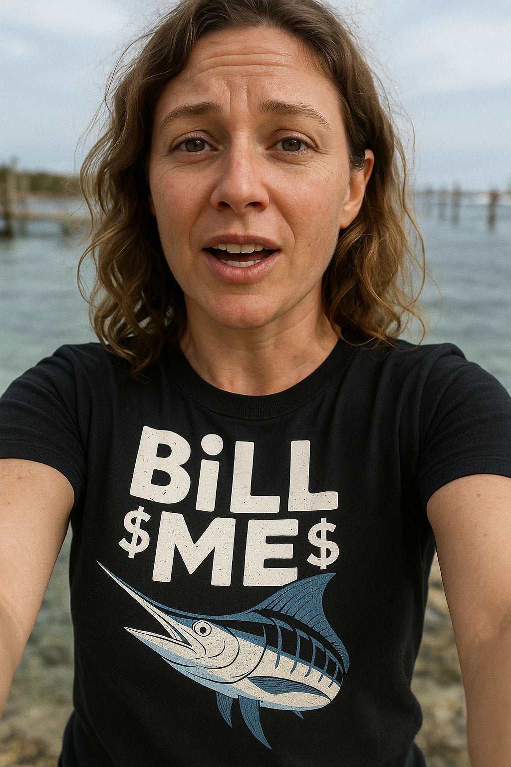 "Bill Me" black marlin t shirt, photographed as marlin lover gift