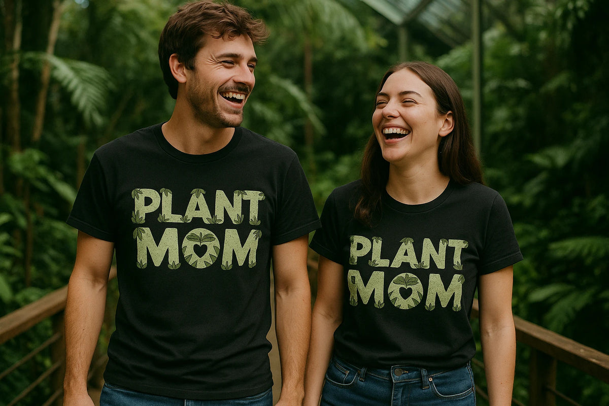 Person wearing the black rainforest alliance t shirt graphic tee - "Plant Mom" design