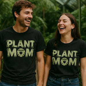 Person wearing the black rainforest alliance t shirt graphic tee - "Plant Mom" design