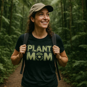 Lifestyle shot of the "Plant Mom" black rainforest alliance t shirt in a real-world setting
