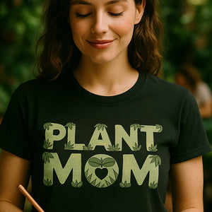 "Plant Mom" black rainforest alliance t shirt, photographed as rainforest lover gift
