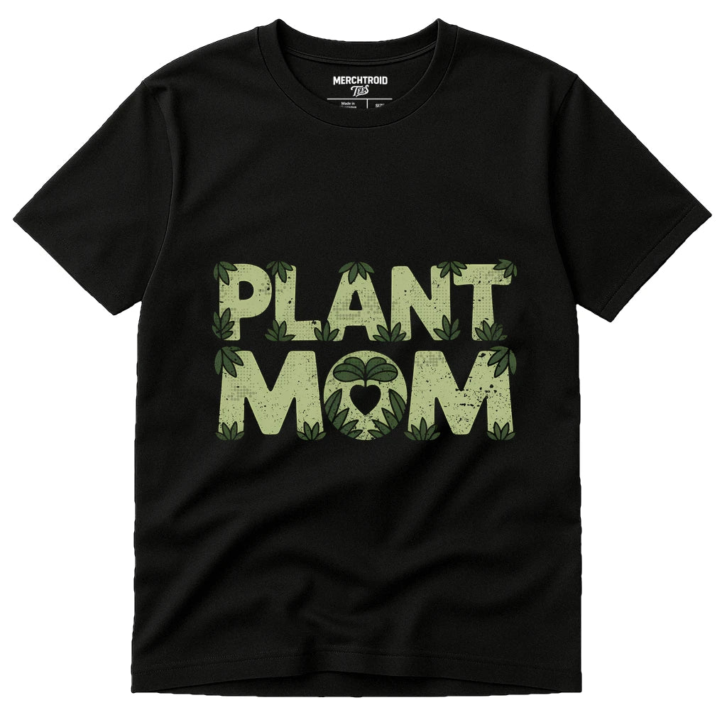 Black Rainforest Alliance T Shirt - "Plant Mom" graphic tee with tan print, flat lay product photo