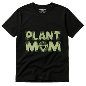 Black Rainforest Alliance T Shirt - "Plant Mom" graphic tee with tan print, flat lay product photo