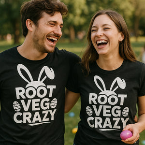 Person wearing the black mens easter shirts graphic tee - "Root Veg Crazy" design