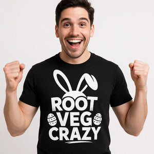 Close-up of the "Root Veg Crazy" white print on a premium Bella+Canvas black mens easter shirts
