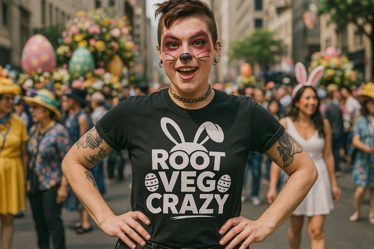 Lifestyle shot of the "Root Veg Crazy" black mens easter shirts in a real-world setting
