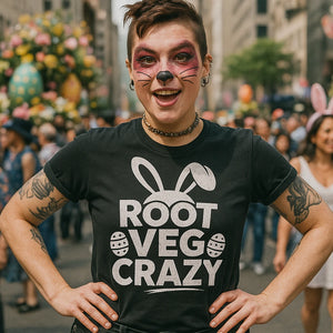 Lifestyle shot of the "Root Veg Crazy" black mens easter shirts in a real-world setting