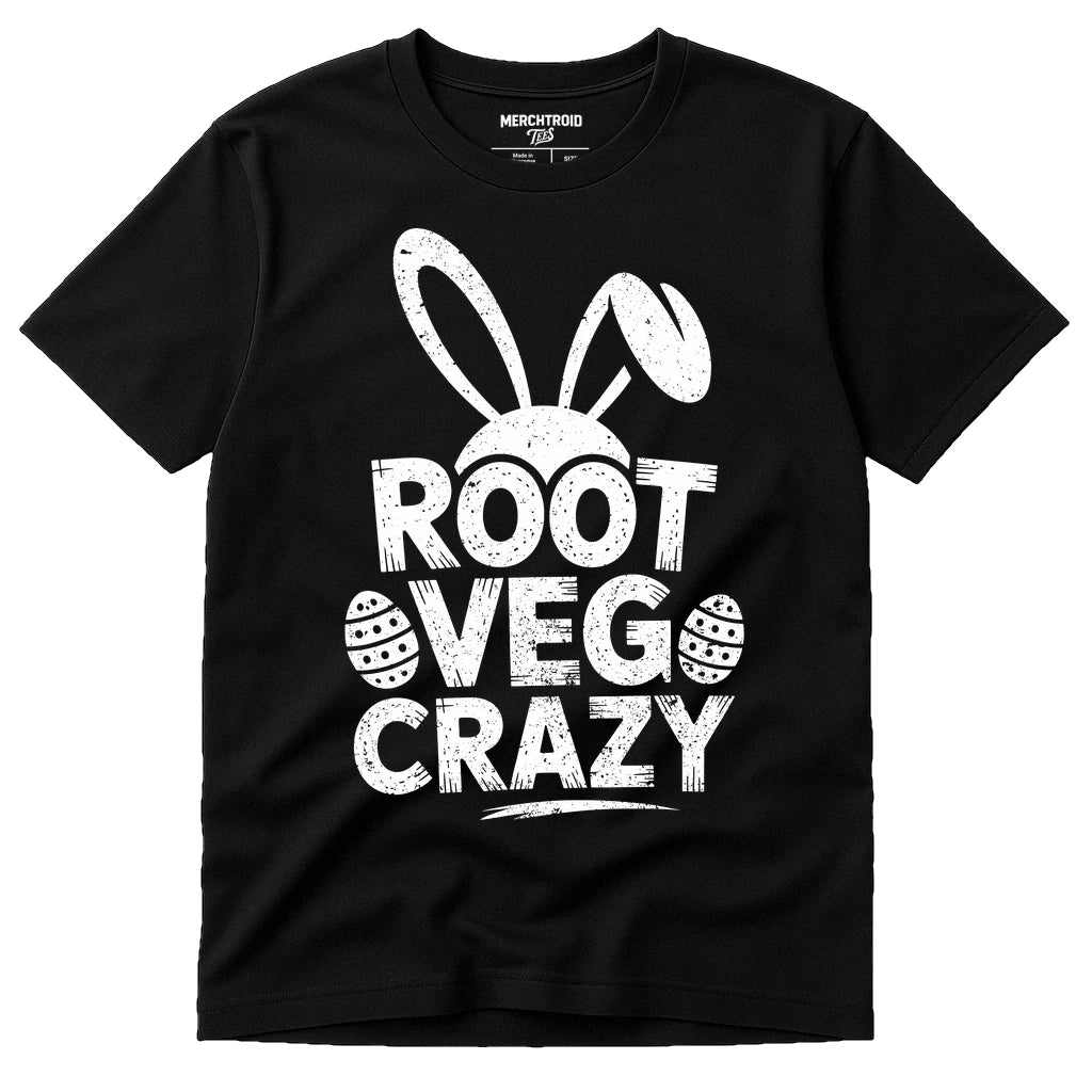 Black Mens Easter Shirts - "Root Veg Crazy" graphic tee with white print, flat lay product photo