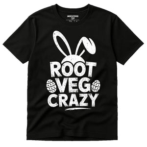 Black Mens Easter Shirts - "Root Veg Crazy" graphic tee with white print, flat lay product photo