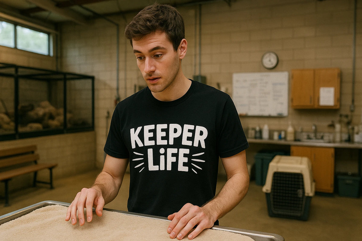 Lifestyle shot of the "Keeper Life" black zookeeper t shirt in a real-world setting