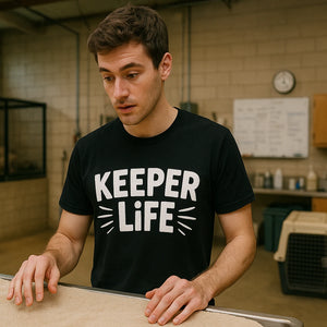 Lifestyle shot of the "Keeper Life" black zookeeper t shirt in a real-world setting