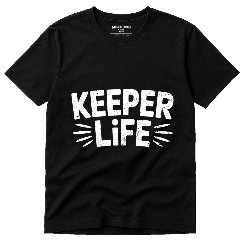 Black Zookeeper T Shirt - "Keeper Life" graphic tee with white print, flat lay product photo