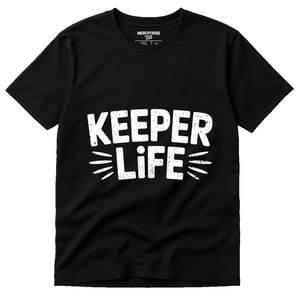 Black Zookeeper T Shirt - "Keeper Life" graphic tee with white print, flat lay product photo